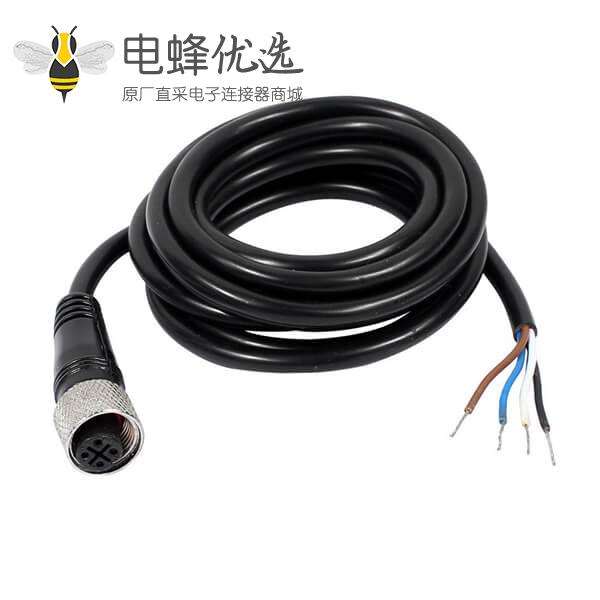 M12航空接头4芯A Code 母头单边注塑线材2M防水接头