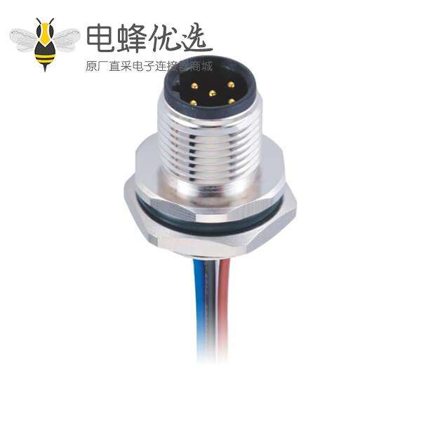 M12 防水连接器5pin B型板端公座子后锁焊接带线50CM传感接头