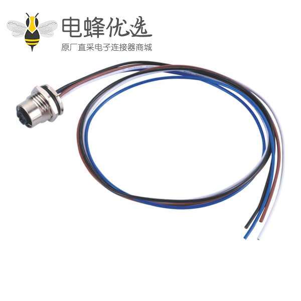 M12 4PIN D型母头前锁板焊线座子带线1M