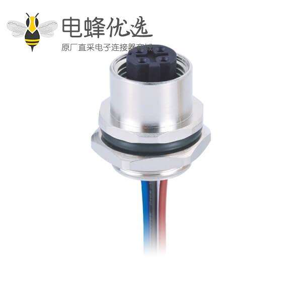 防水连接器4芯M12 D Code母头后锁板焊线座子50CM