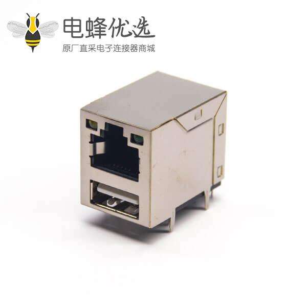 usb2.0 rj45带灯屏蔽式连接器双层加USB2.0连接器90度
