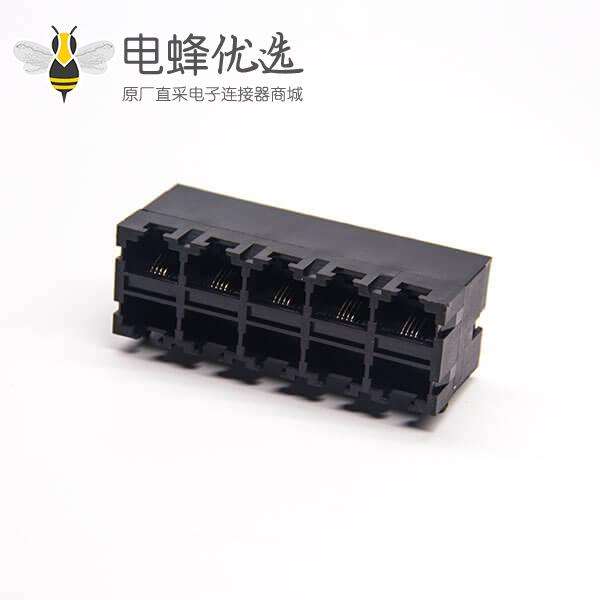 双层rj45插座全塑料弯式90度2x5端口黑色不带屏蔽