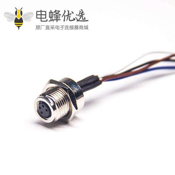 M8 4芯焊线插座母头前锁板带线 AWG24 30CM