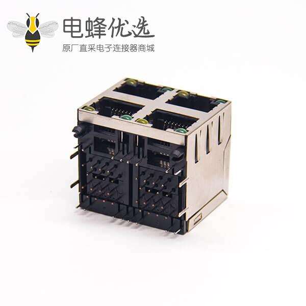 2x2 rj45封装弯式90度插PCB板带灯带弹片带屏蔽式座子