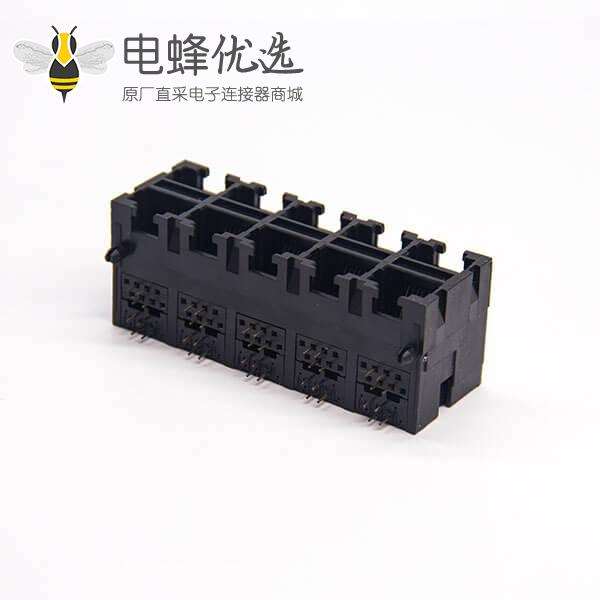 双层rj45插座全塑料弯式90度2x5端口黑色不带屏蔽