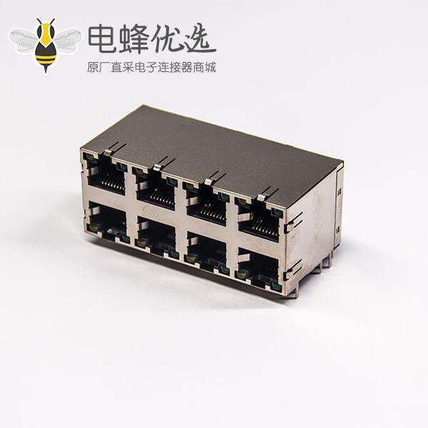 rj45网口接头母座2&times;4端口弯式带屏蔽外壳带弹带灯