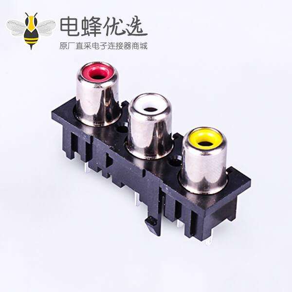 3孔RCA同芯插座180度插板音频莲花座AV接口单排