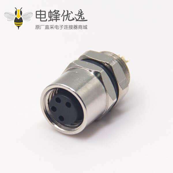 m8螺纹防水接头母头直式4孔航空防水插座后锁板焊线式