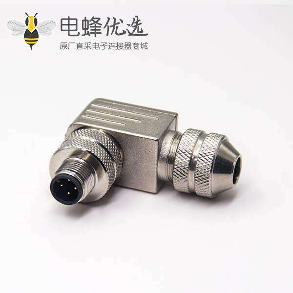 m12组装式连接器弯式4芯航空插头金属外壳带屏蔽