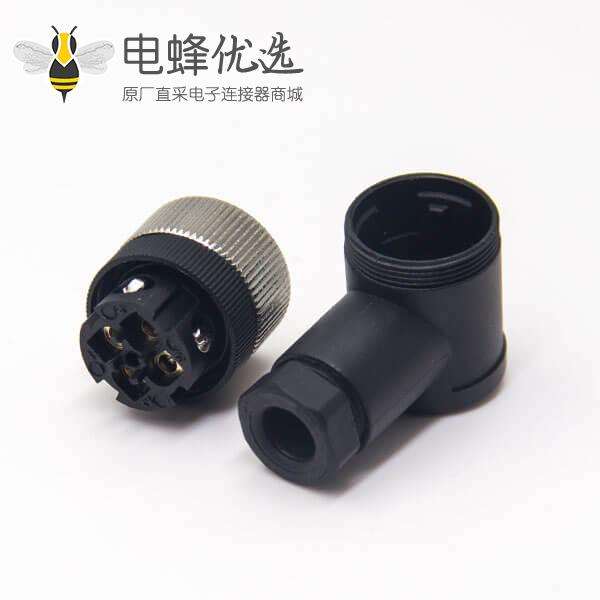 m12组装式90&deg;母弯头4针接线母头防水插头工业连接器