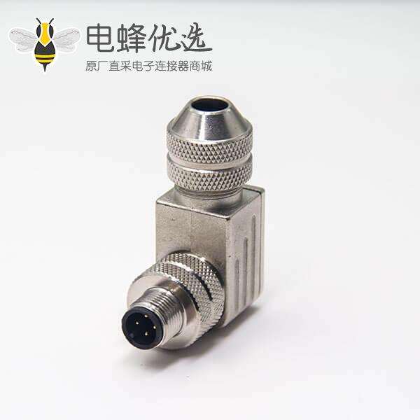 m12组装式连接器弯式4芯航空插头金属外壳带屏蔽