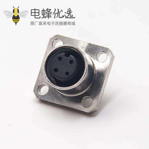 m12 板端航空法兰插座四芯母头焊线式工业防水连接器