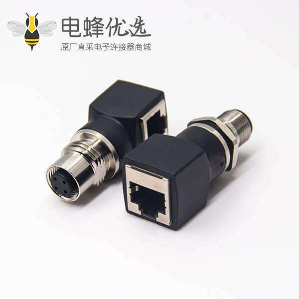 m12插座转rj45连接器m12A型母头转RJ45插座弯式