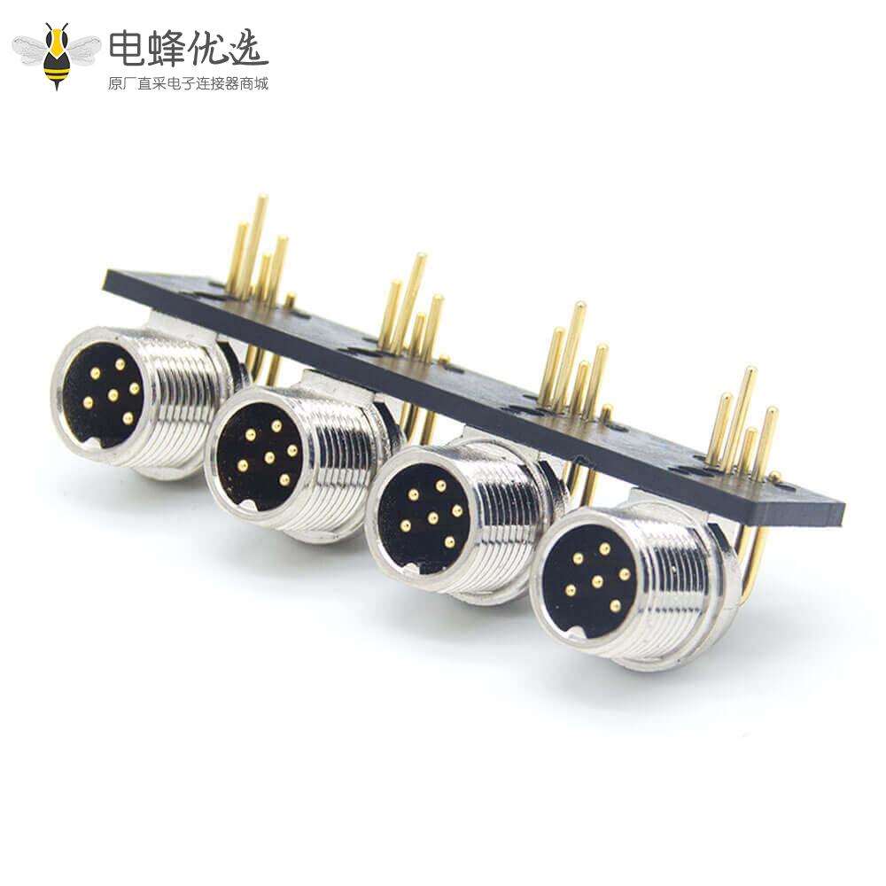 gx12 航空插座90度弯式6芯1&times;4金属外壳前锁板面板安装连接器