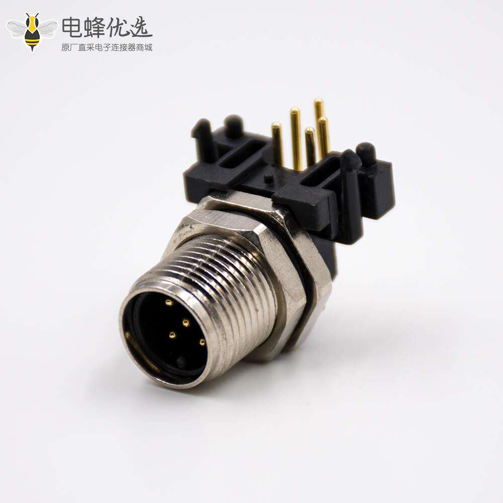 M12航空连接器90度板端插座A扣弯式5芯公头PCB板安装