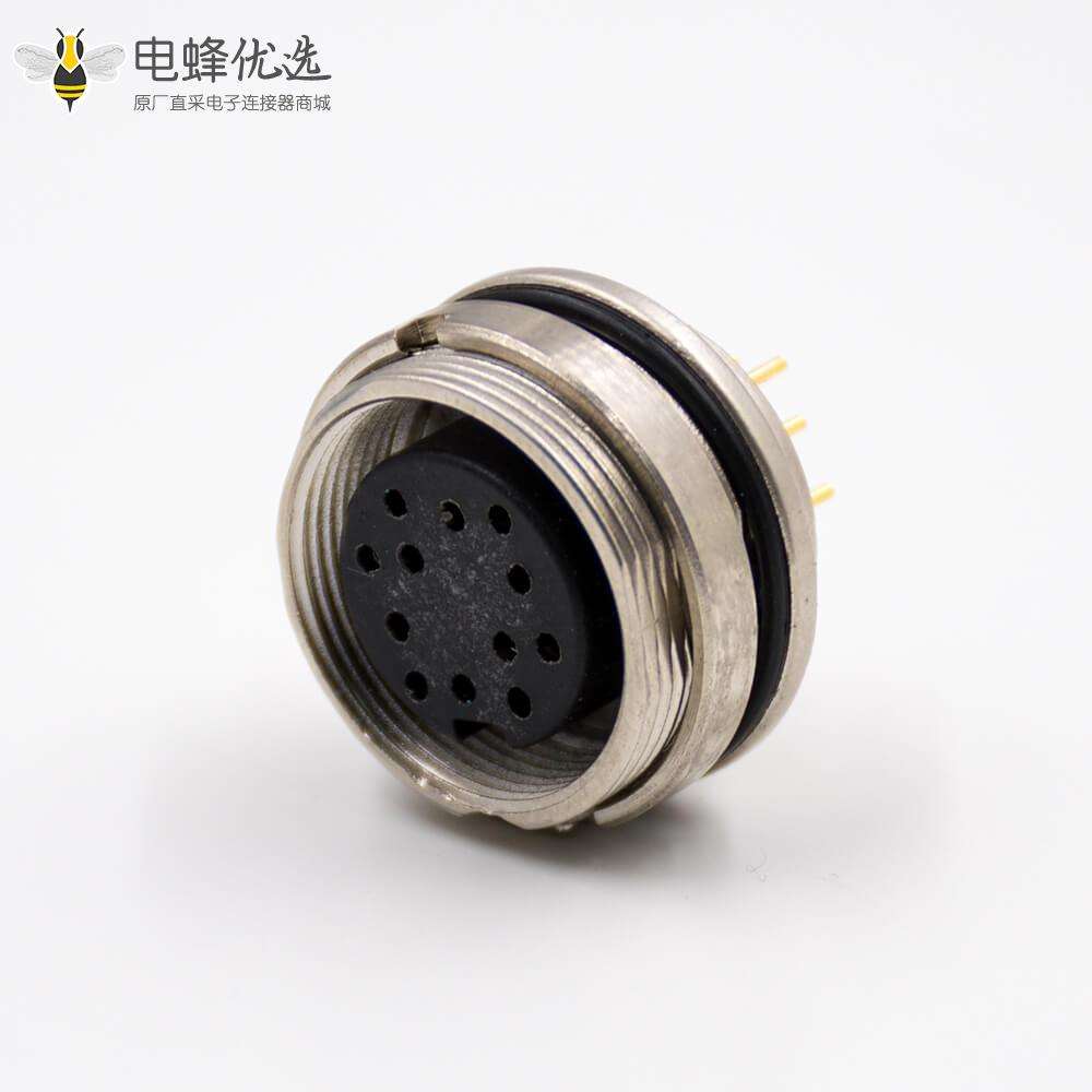 插座母头M16板端插座A扣12芯直式前锁板接PCB板传感器连接器