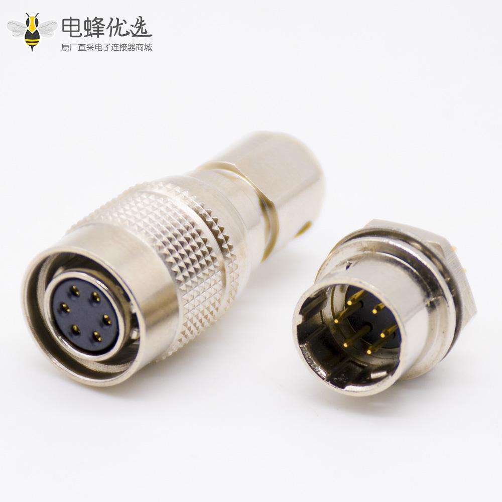 推拉自锁HR10系列连接器母插头+公插座一对6芯直式PCB穿孔后锁板安装