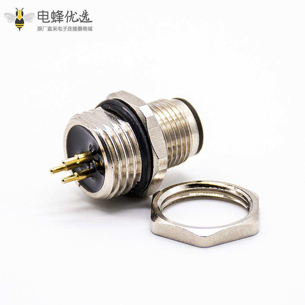 M12连接器PCB板安装A扣180&deg;焊接式后锁板防水3芯公插座