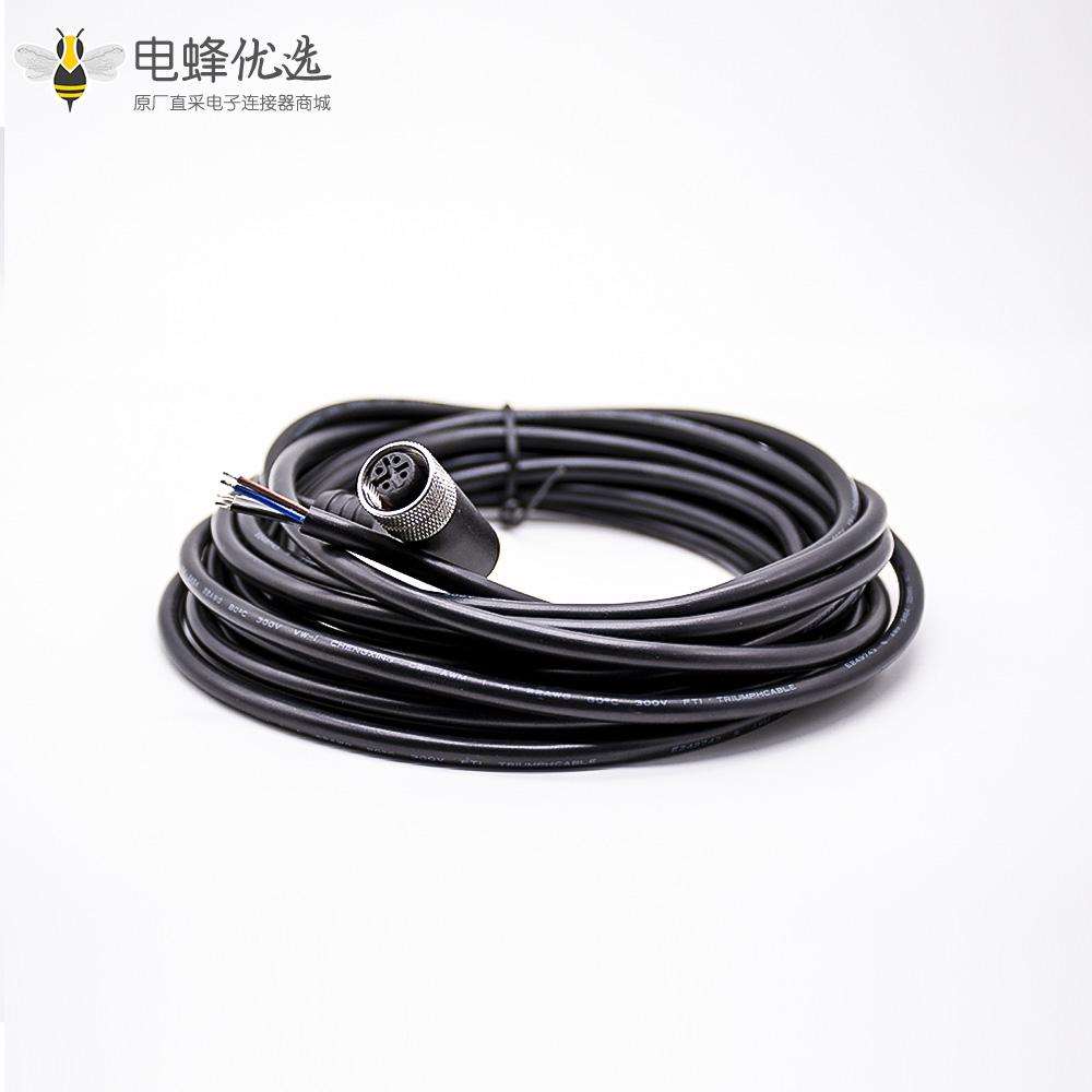 M12连接器4芯A编码母头90&deg;弯头注塑成型式带线5M不带屏蔽