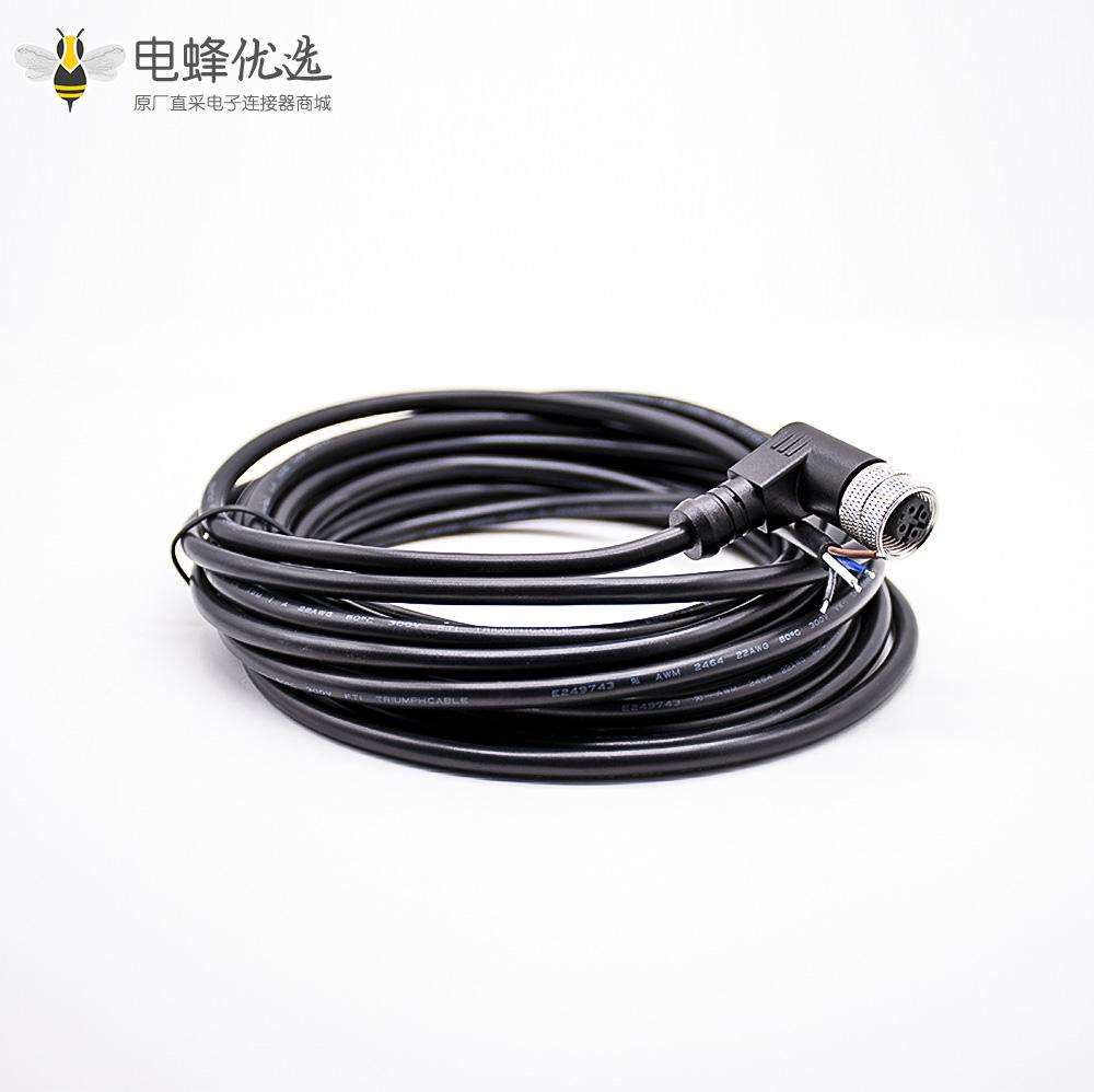 M12连接器4芯A编码母头90&deg;弯头注塑成型式带线5M不带屏蔽