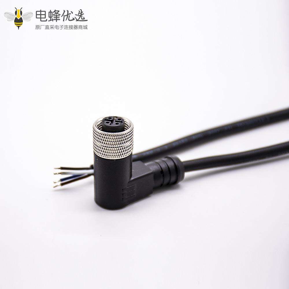 M12连接器4芯A编码母头90&deg;弯头注塑成型式带线5M不带屏蔽