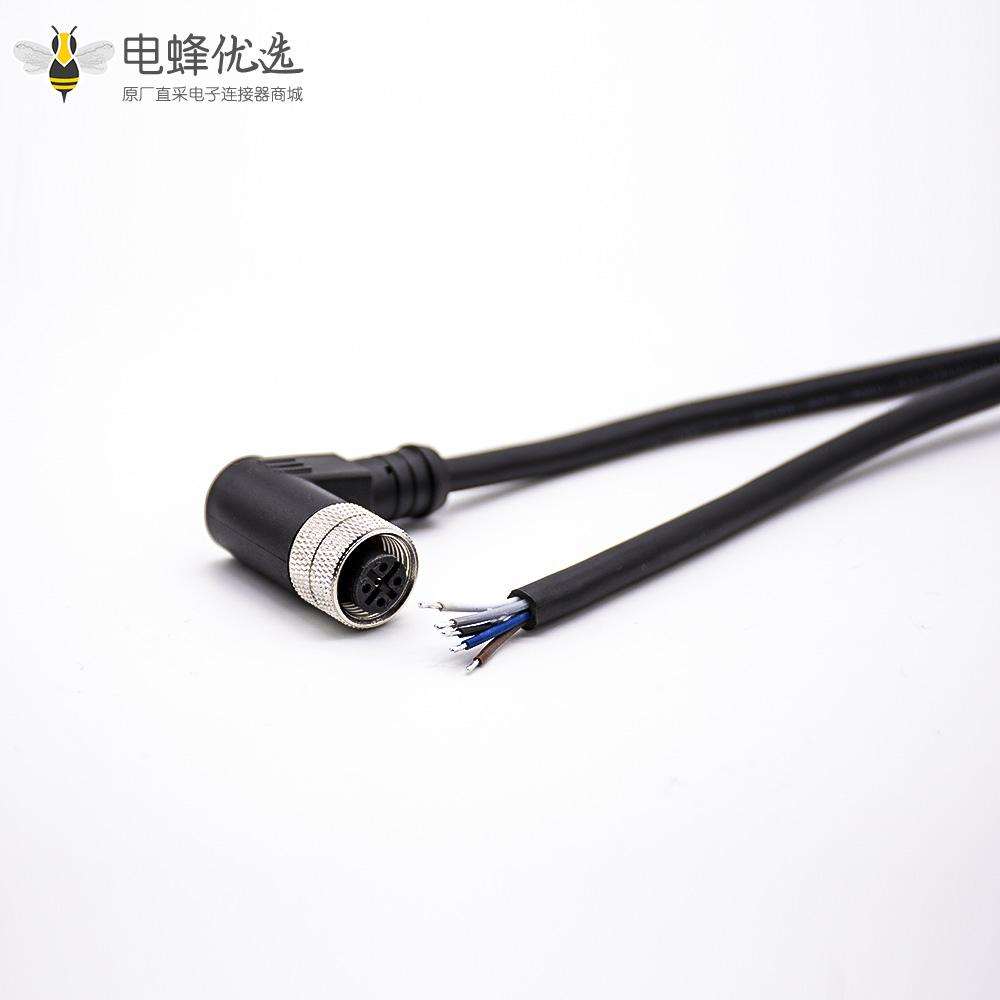 M12连接器5孔电缆A编码5芯母头90度弯注塑线不带屏蔽单边线2M
