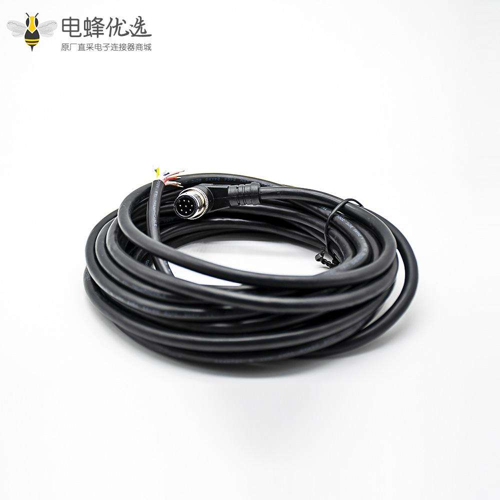 M12标准电缆8芯A编码公头90度弯注塑线不带屏蔽单边线5M