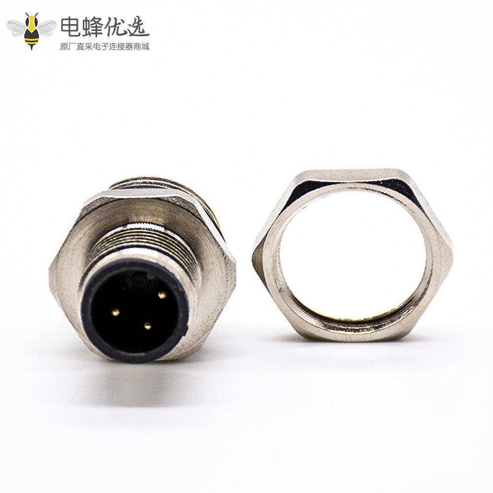 M12连接器PCB板安装A扣180&deg;焊接式后锁板防水3芯公插座