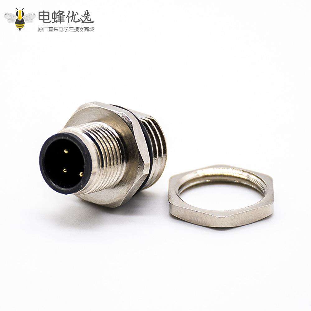 M12连接器PCB板安装A扣180&deg;焊接式后锁板防水3芯公插座