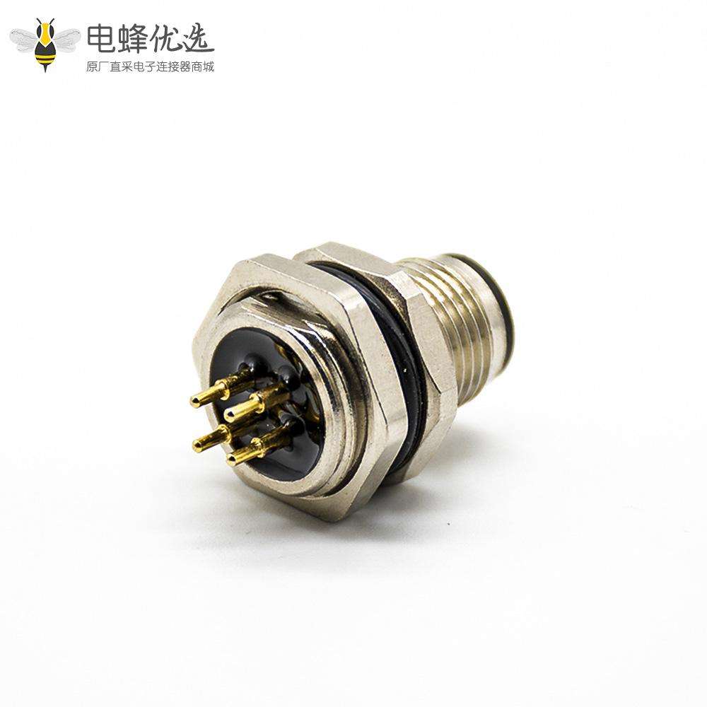 M12 4芯航空头后锁板防水直式A扣板端插座公头焊接式接PCB板