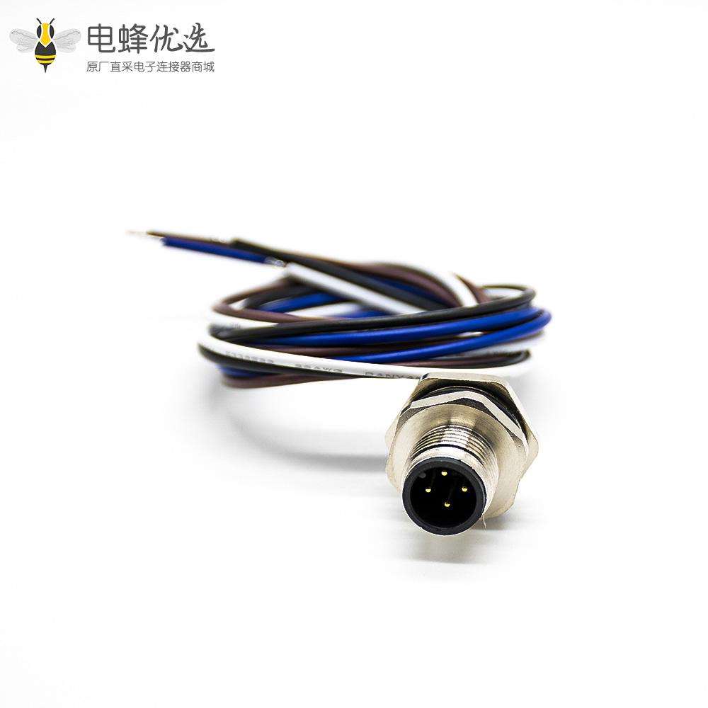 M12公头4针板端插座A扣直式板端焊线0.2M后锁板防水连接器