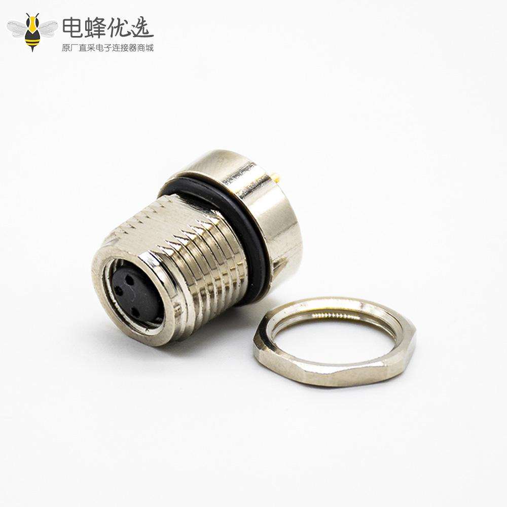 传感器M8连接器180&deg;母头3芯接PCB板前锁板防水焊接式板端插座