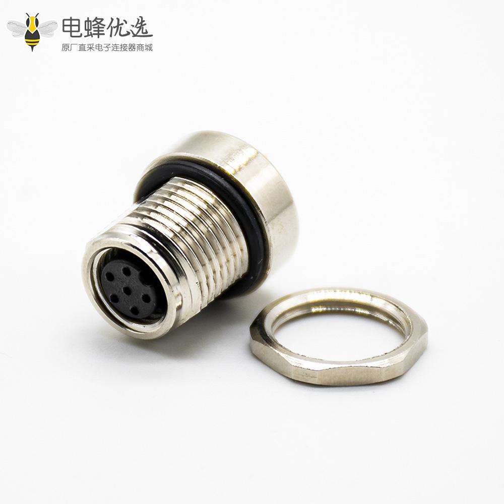 M8防水插座连接器A编码180&deg;6芯母头前锁板接PCB板