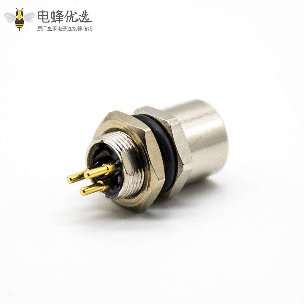 M8 3芯圆头插座180&deg;母头PCB板安装后锁板防水连接器