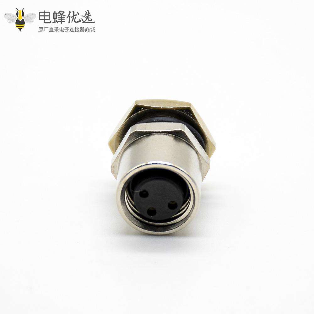 M8 3芯圆头插座180&deg;母头PCB板安装后锁板防水连接器