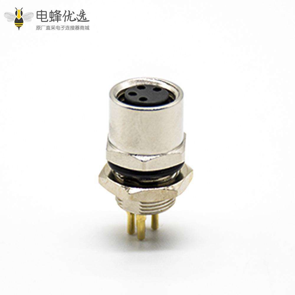 M8航空母插座PCB板安装板端插座防水后锁板4芯传感器连接器
