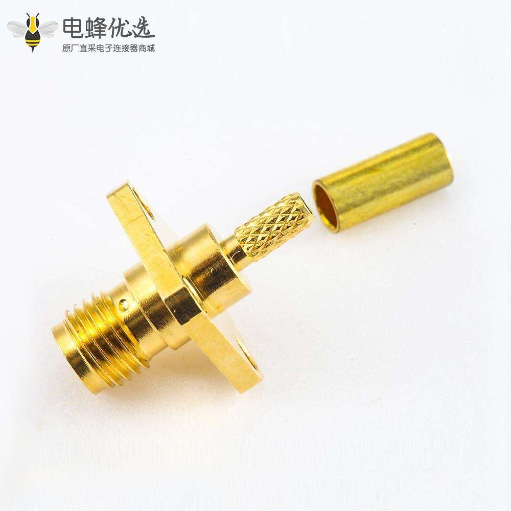 SMA连接器直式母头安装座4孔法兰压接用于RG174 / RG316 / LMR100接线