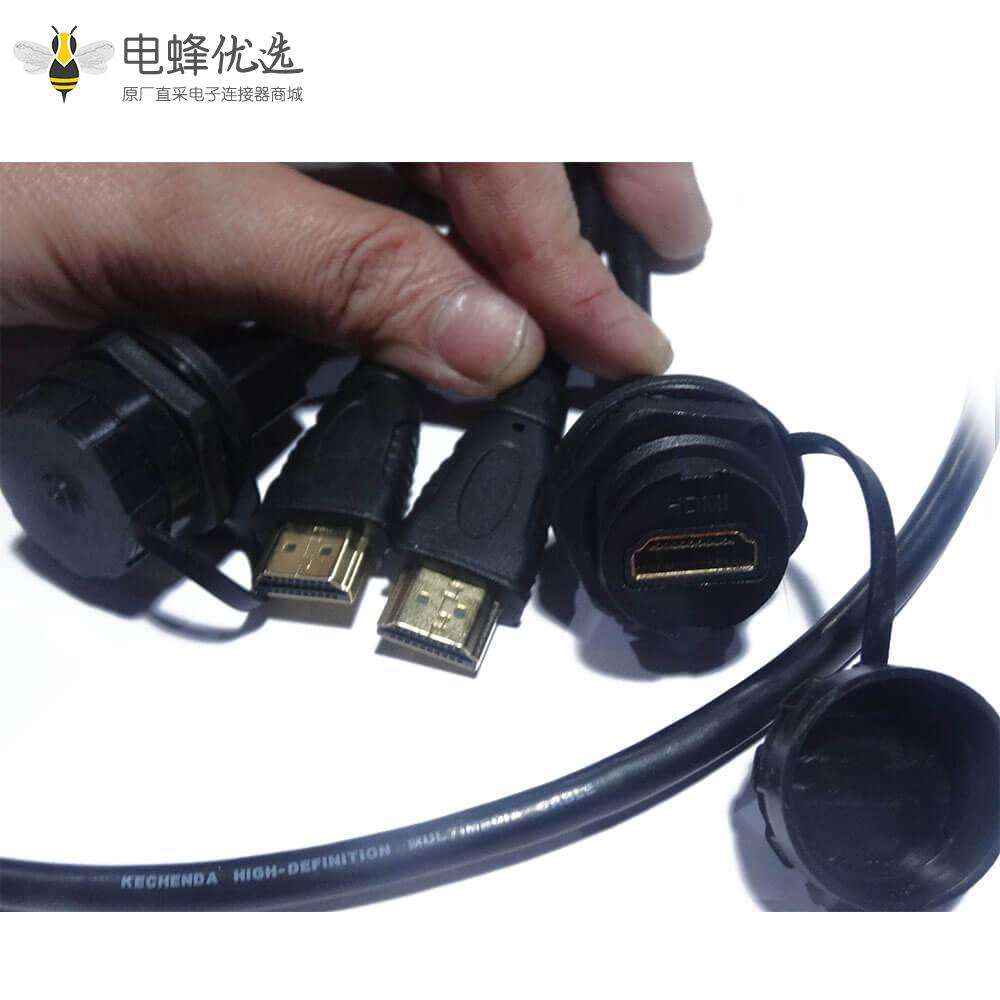 HDMI线Type A母19芯防水插座前锁转公头带硅胶软盖转接线