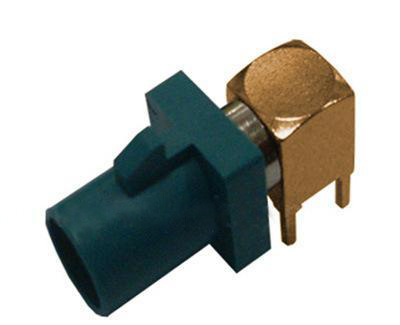 Fakra接口SMB短公头镀金弯式PCB板安装RF系列水蓝色用连接器