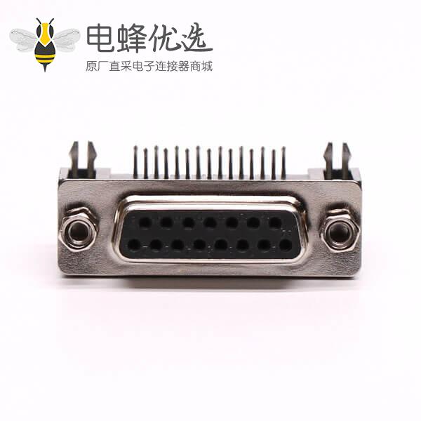 迷你 D Sub 15针弯式接PCB板铆锁焊板母座