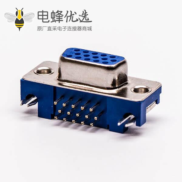 d sub hd15针雌头弯式蓝色胶芯3.08铆锁不带螺丝穿孔