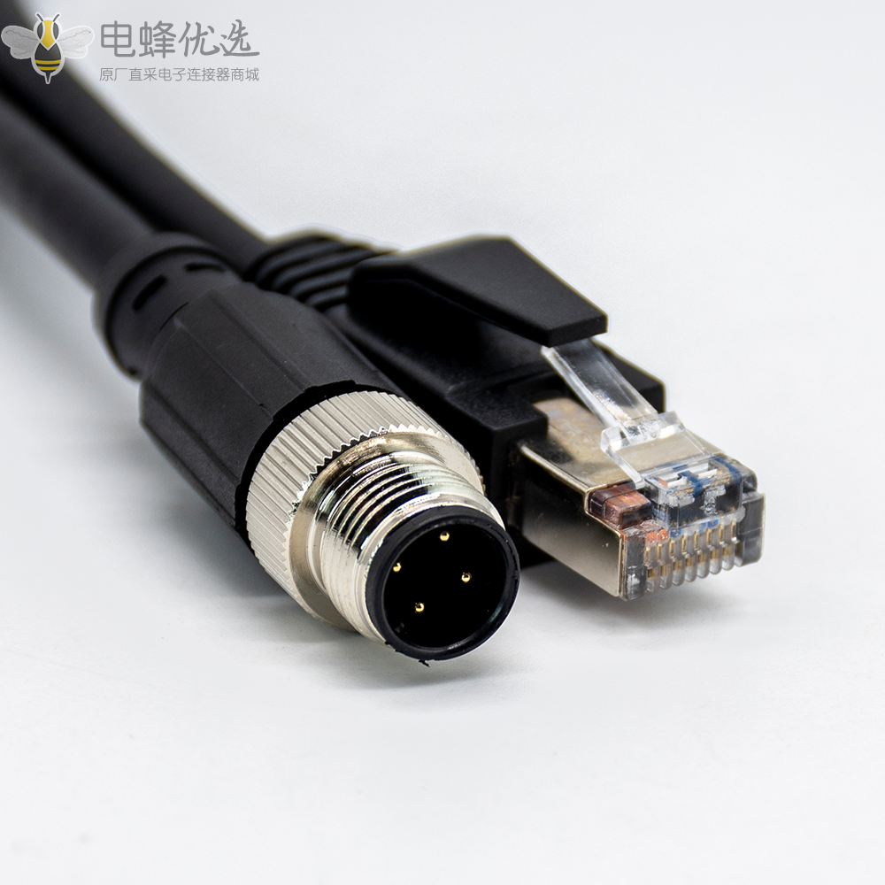 M12网线D Code 4芯公头转RJ45公头注塑电缆1M