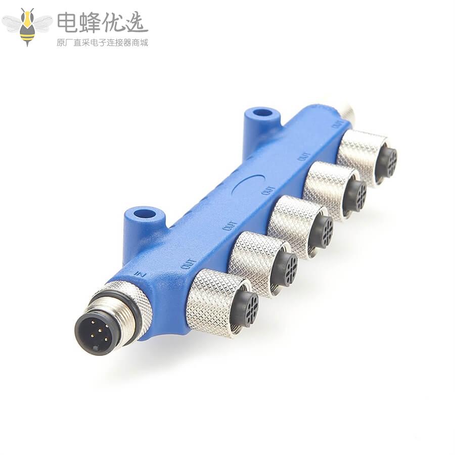 船用级产品NMEA_2000五通多端口T形低损耗连接器6个M12母头5芯转5芯公头
