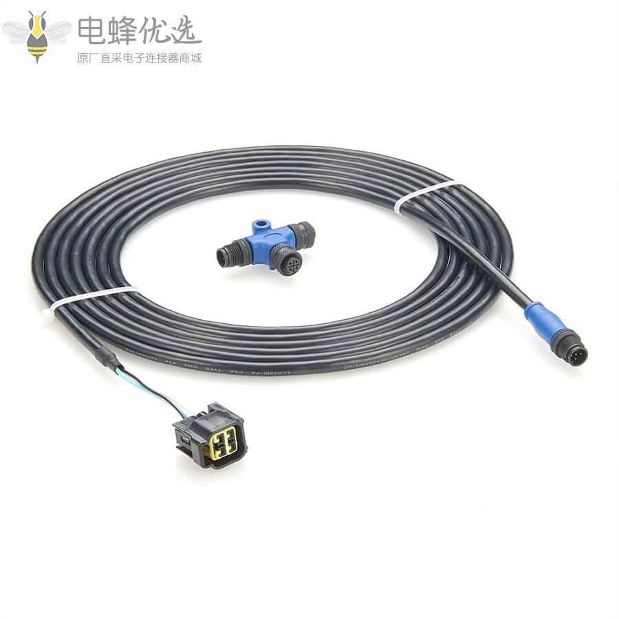 船用电缆NMEA_2000雅马哈4针母头转M12公头5芯发动机线材5米接口电缆带三通连接器