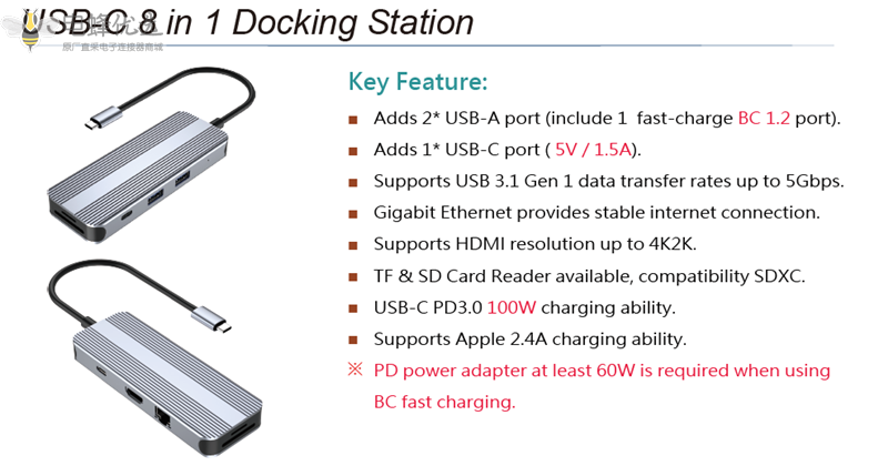 铝制USB集线器USB_C型集线器3.0多功能适配器8合1适用于Macbook_Pro_Air_Ipad_Matebook_OEM状态充电卡ABS