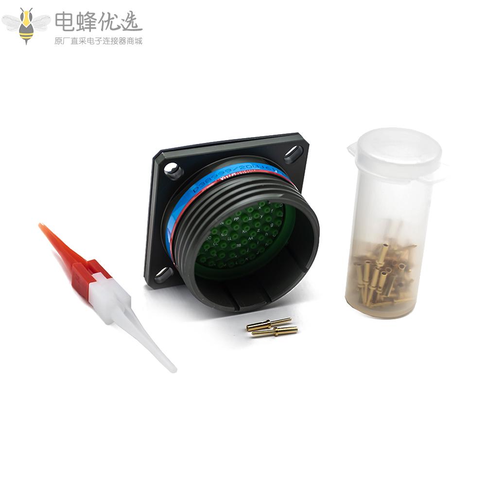 D38999工防连接器61芯方形法兰B键位军绿色带针公插座