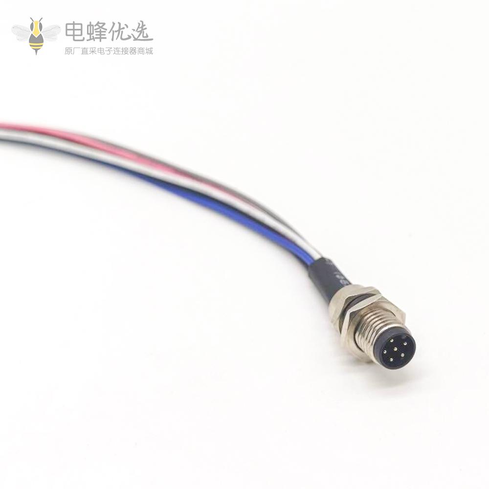 圆形连接器M8 A型板端前锁焊线式6芯公插座连接器接1米26AWG线