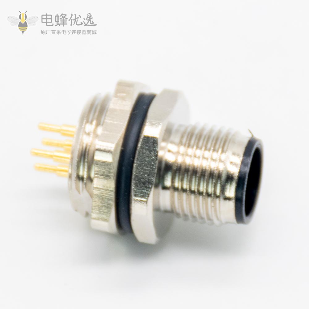 M12 防水连接器航空头4芯A型板端公座PCB插板式后锁工业防水传感连接器