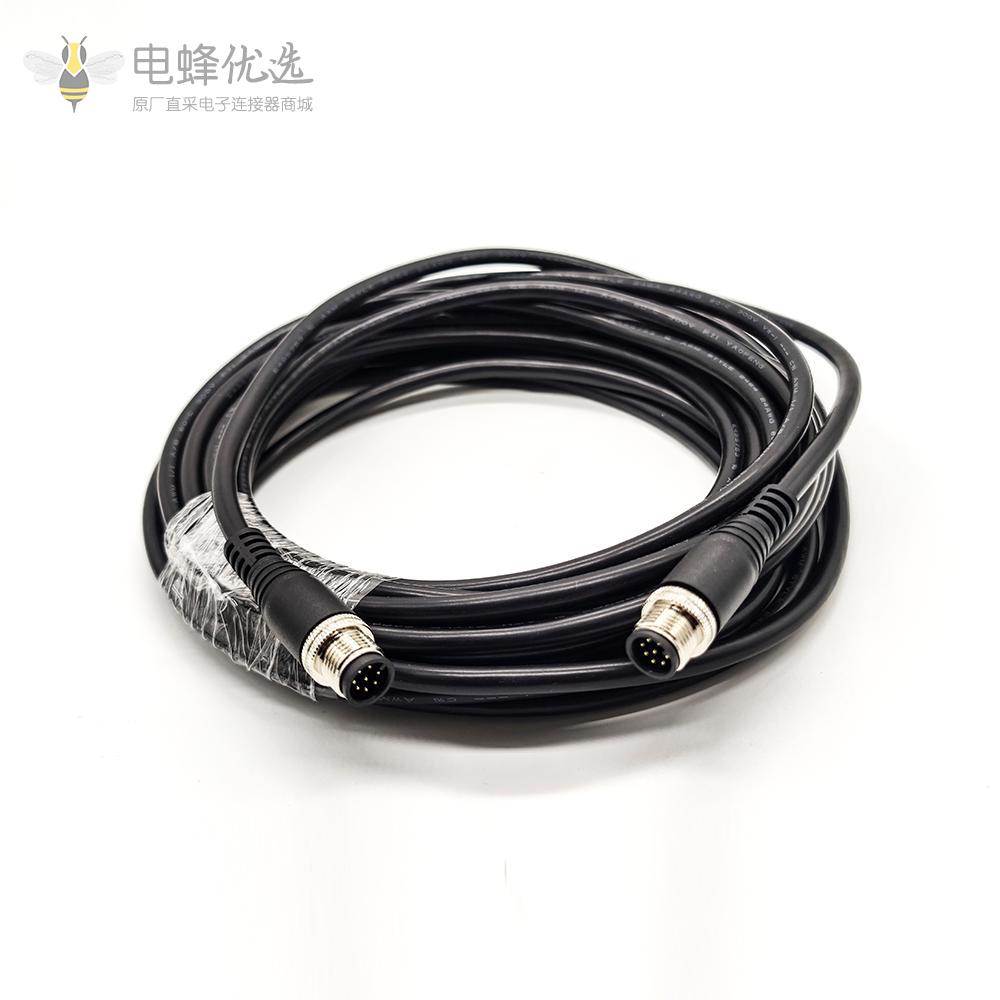 m12传感器电缆双公头8pin直式连线长A编码24ft AWG24 不带屏蔽
