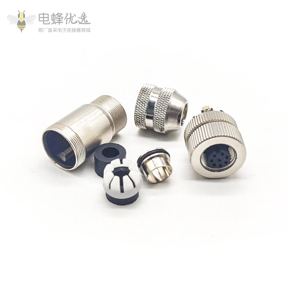 M12母插头8芯防水A扣母头180&deg;组装接头接线连接器带屏蔽